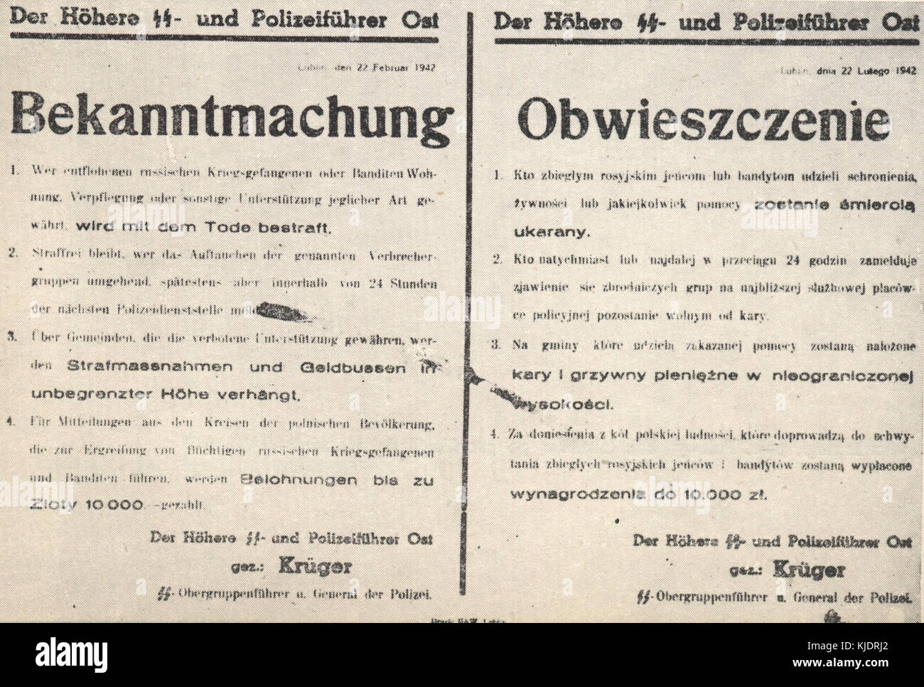 Une annonce officielle de la Pologne occupée en février 1942, décrivant les peines pour aider les partisans ou les prisonniers de guerre soviétiques, reflétant les conditions difficiles de l'occupation nazie. Banque D'Images