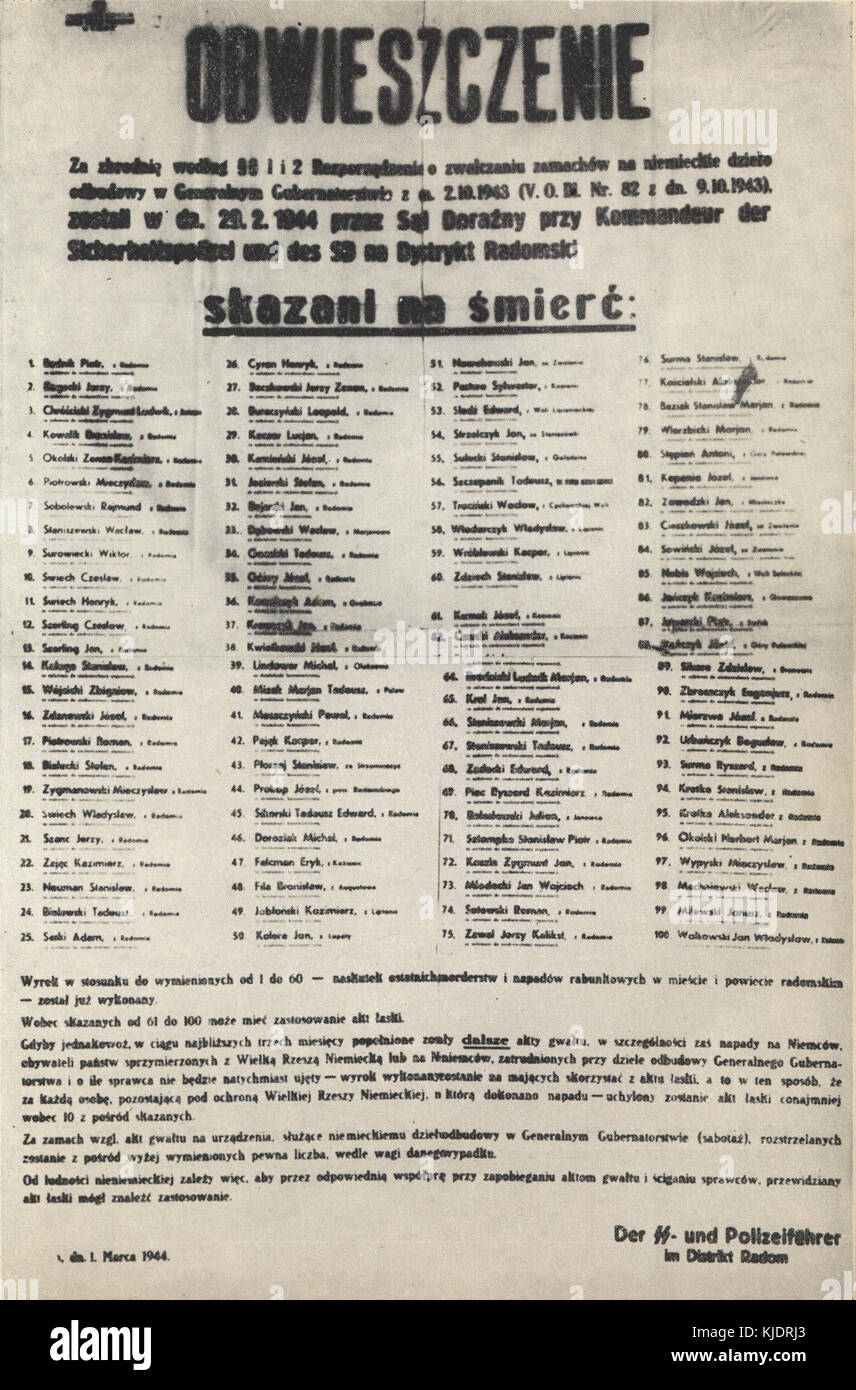 Annonce de la peine de mort pour les Polonais de 100 territoires Radom (mars 1944) Banque D'Images
