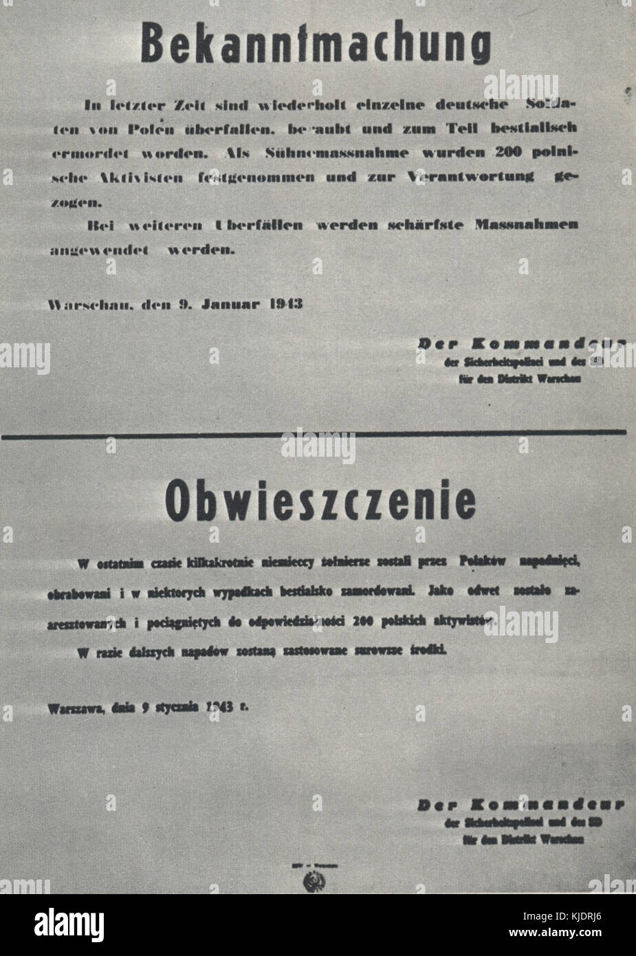 Annonce de l'arrestation de 200 poteaux dans Varsovie occupée (janvier 1943) Banque D'Images