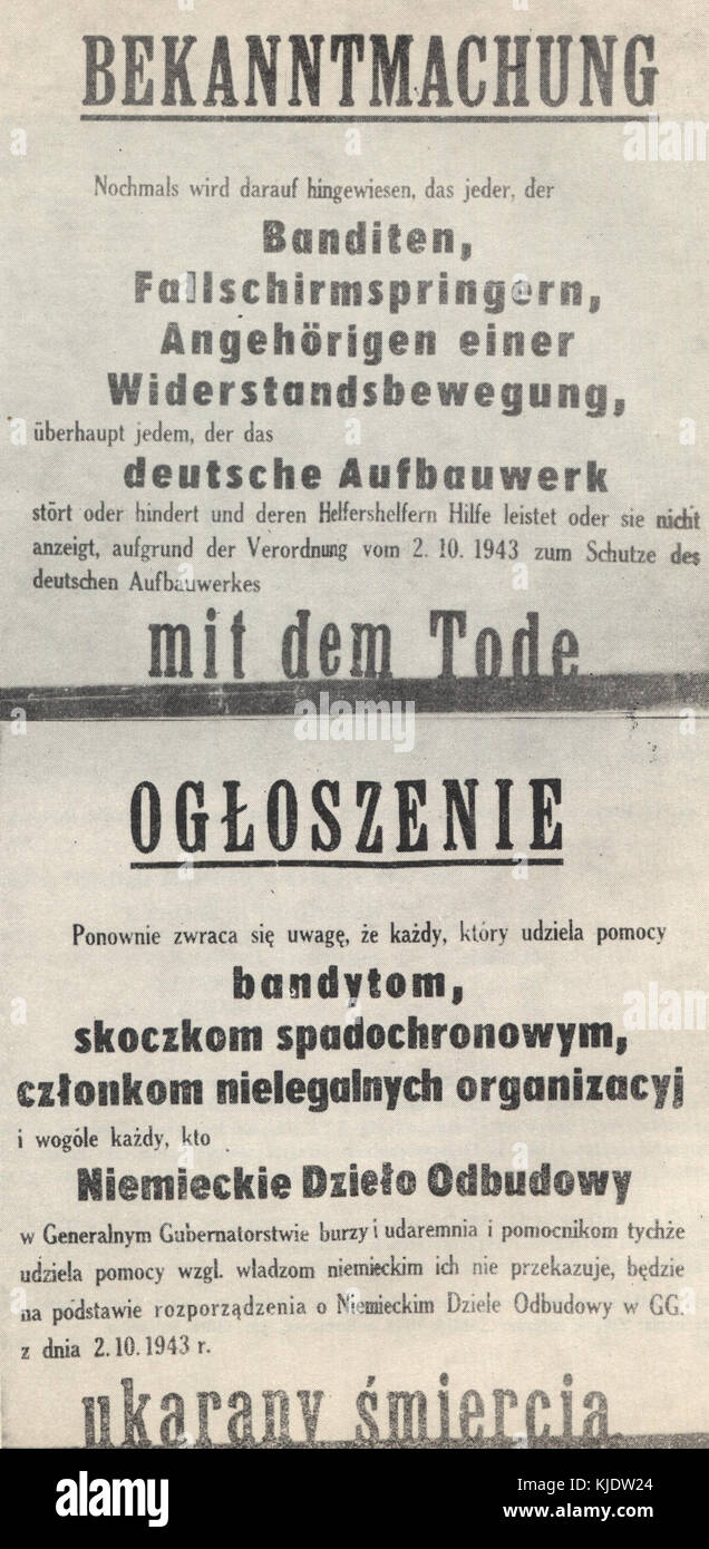 Annonce des sanctions pour avoir aidé les parachutistes alliés et partisans (Pologne occupée) Banque D'Images