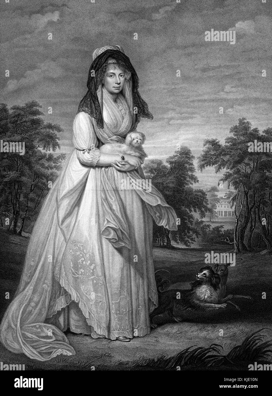 Gravure de crépi sur toute la longueur la reine Charlotte, épouse du roi George III, la reine de Grande-Bretagne et d'Irlande de son mariage en 1761 jusqu'à l'union des deux royaumes en 1801, après quoi elle a été reine du Royaume-Uni de Grande-Bretagne et d'Irlande jusqu'à sa mort en 1818, portant une longue robe noire, avec un voile noir, tenant un petit chien, de l'art par sir William Beechey, gravé par Thomas Ryder, 1809. à partir de la bibliothèque publique de new york. Banque D'Images
