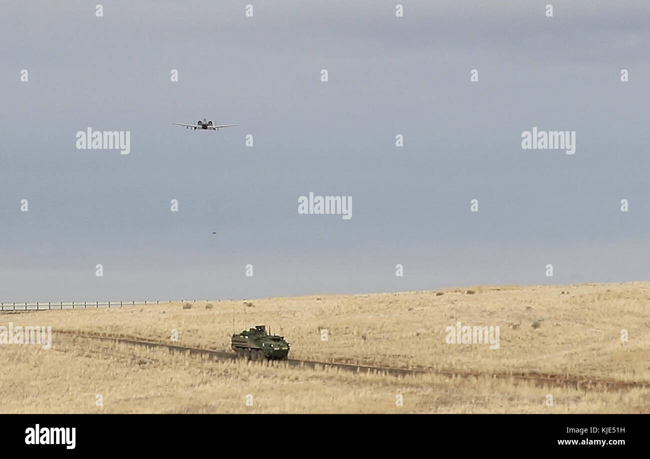 Comprenait Un THUNDERBOLT II A-10 survole un véhicule de combat Stryker alors que ...