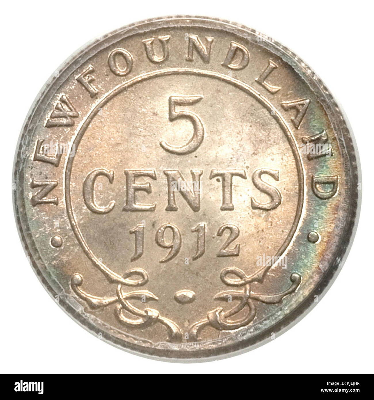 Il s'agit du revers d'une pièce de 1912 de 5 cents de Terre-Neuve, au Canada, représentant l'image du roi George V, une partie de l'histoire numismatique de la région. Banque D'Images