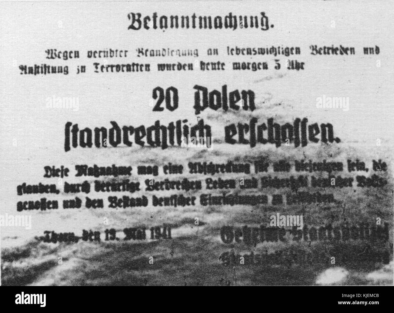 Annonce de l'exécution de 20 poteaux en allemand territoires Bydgoszcz (19 mai 1941) Banque D'Images