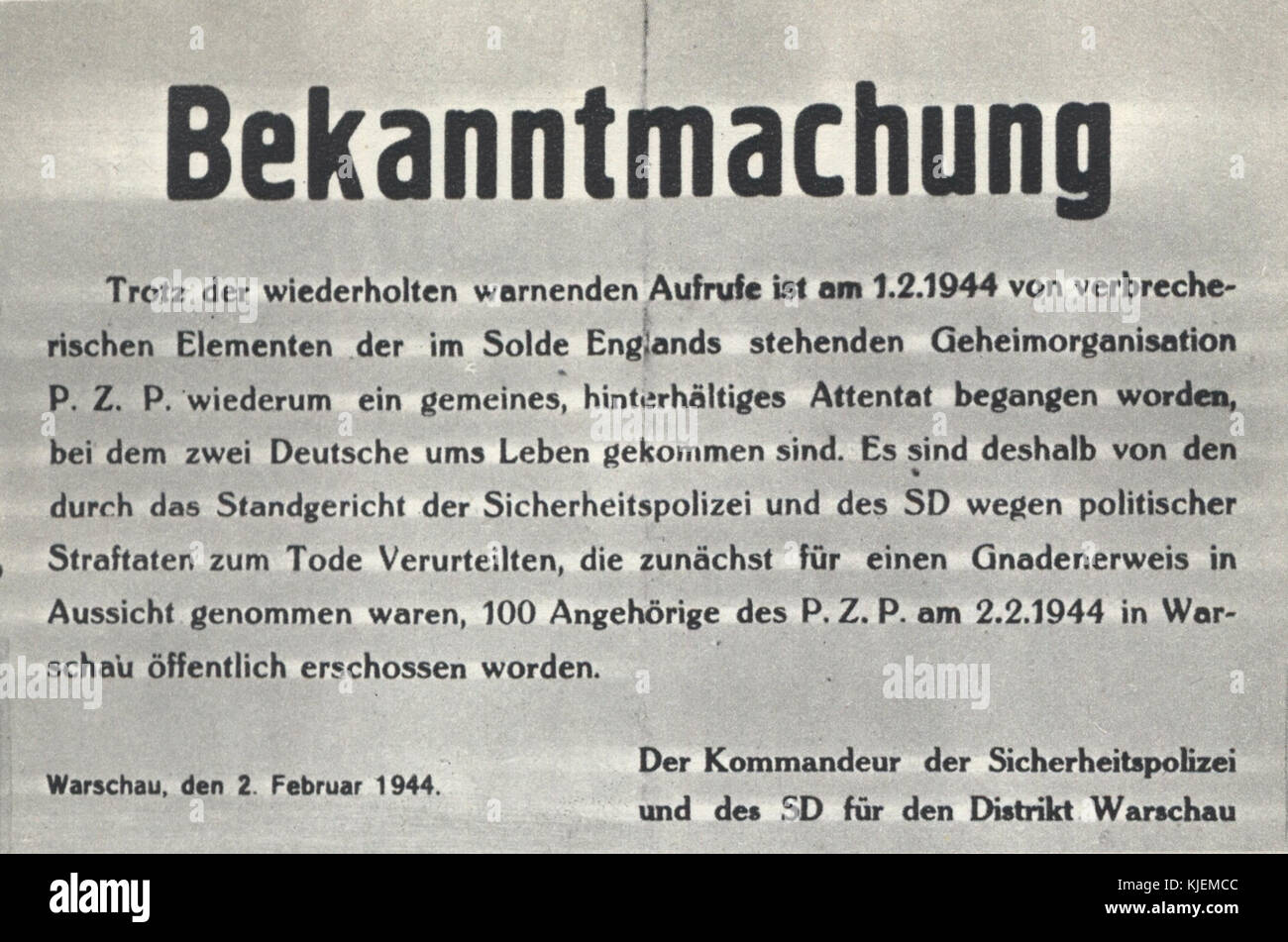 Annonce de la mort de 100 otages exécutés en polonais de Varsovie occupé après la mort de Franz Kutschera (février 1944) Banque D'Images