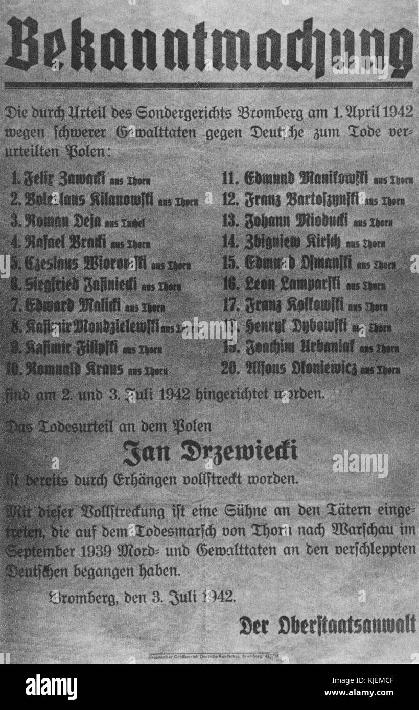 Annonce de l'exécution de Jan Drzewiecki et ses camarades (Bydgoszcz 1942) Banque D'Images