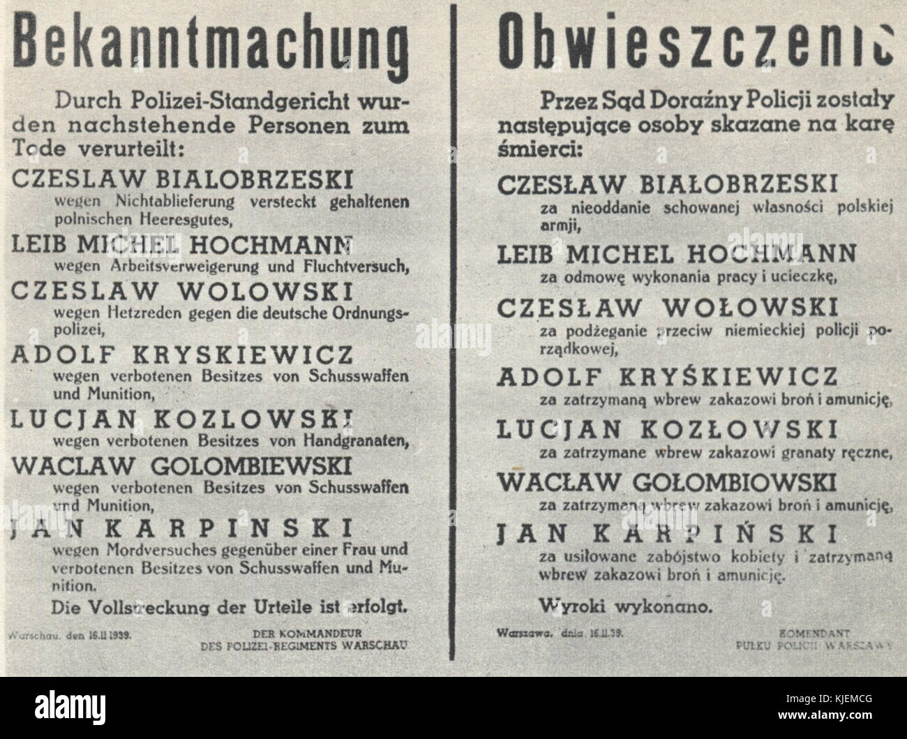 L'annonce de la sentence et l'exécution de 7 pôles et des Juifs dans les territoires occupés de Varsovie (novembre 1939) Banque D'Images