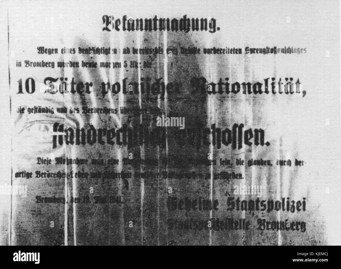 Annonce de l'exécution des 10 pôles en allemand territoires Bydgoszcz (19 mai 1941) Banque D'Images