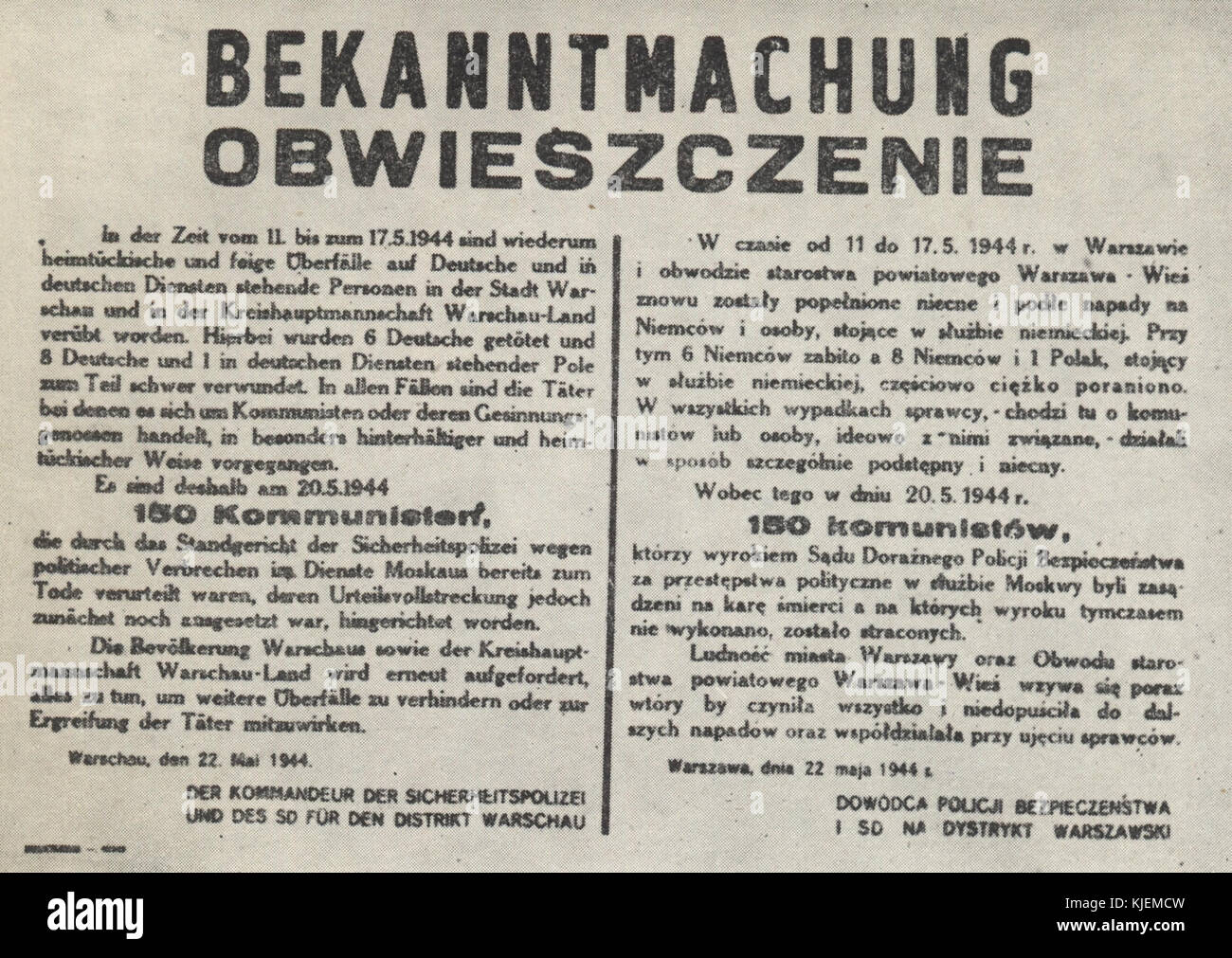 Annonce de la mort de 150 otages polonais de exécutés par les occupants allemands nazis à Varsovie (mai 1944) Banque D'Images