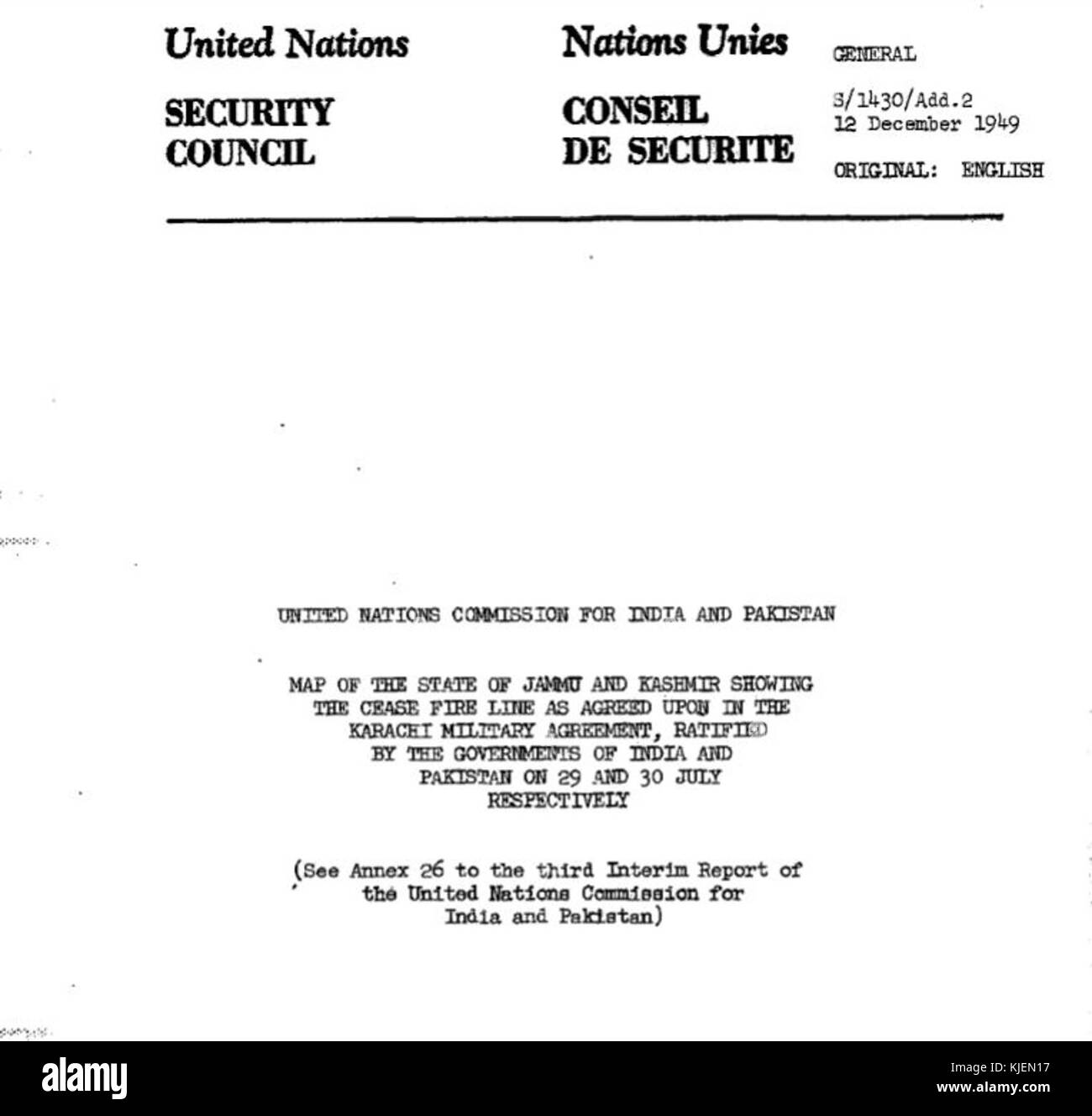 Page 1 CFL comme indiqué sur le site de l'ONU à l'Accord de Karachi 1949 Banque D'Images