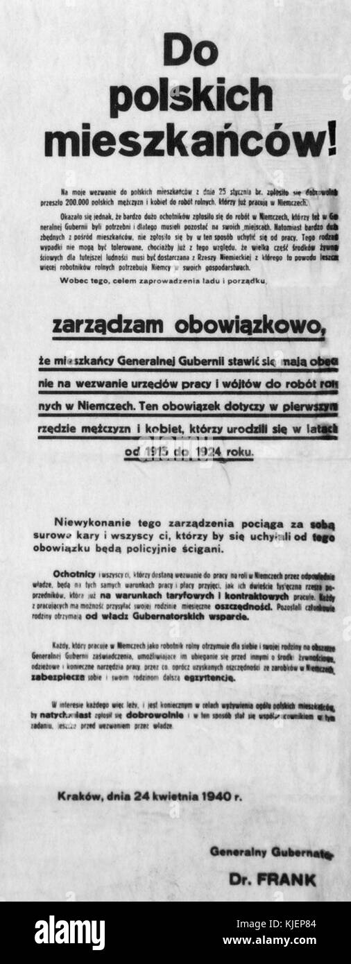 Une annonce officielle de Hans Frank concernant le travail forcé pendant la seconde Guerre mondiale ce document reflète les politiques de guerre et l'utilisation du travail forcé dans les territoires occupés par les nazis. Banque D'Images