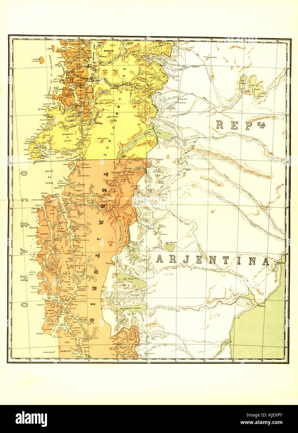 Cette carte de 1904 montre la géographie du Chili. Créé par Tornero, il met en évidence les régions et les caractéristiques géographiques du pays au tournant du XXe siècle, offrant une vue historique de la topographie et des frontières du Chili. Banque D'Images