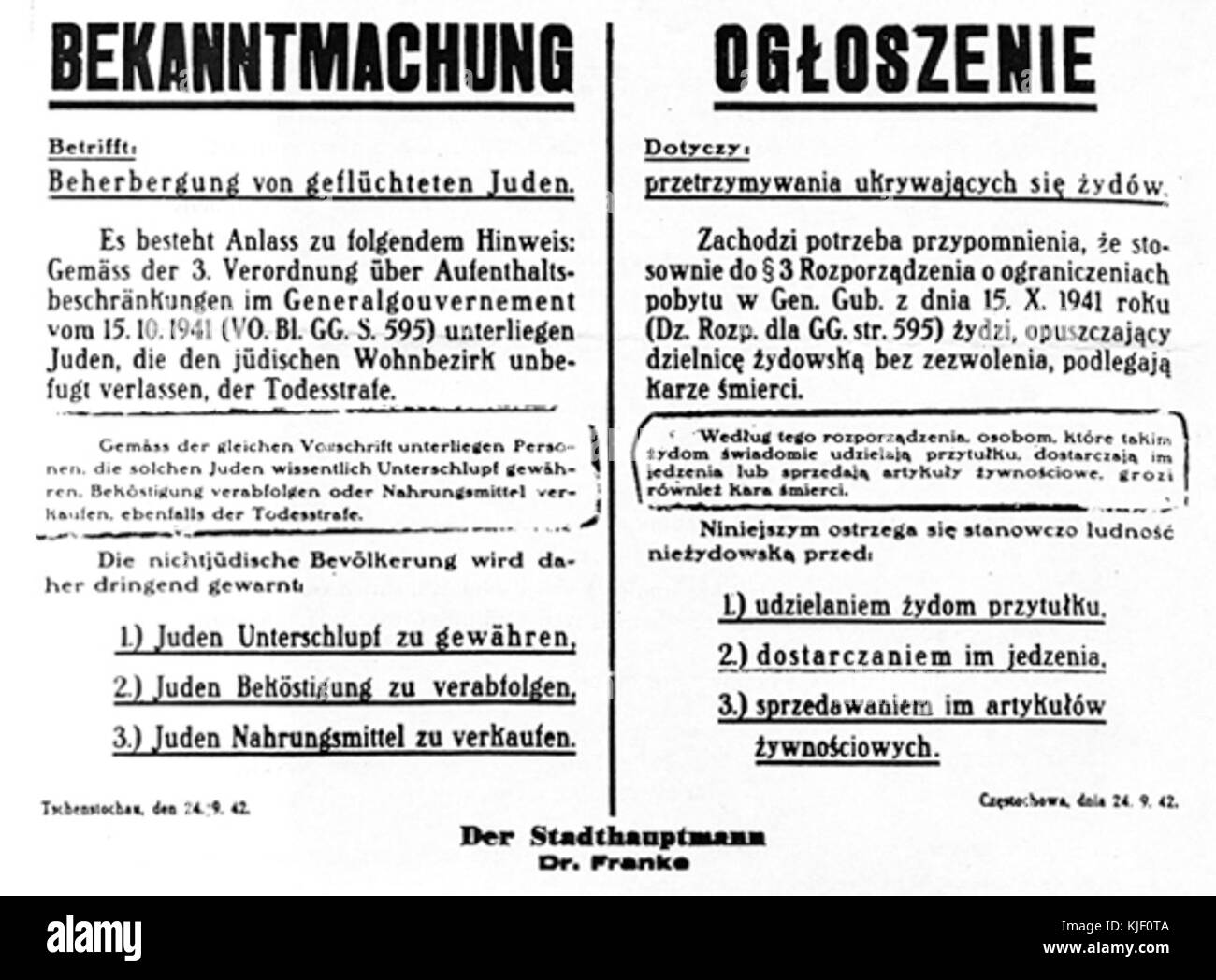 Gouvernement Général de Pologne 1942 Bekanntmachung Banque D'Images