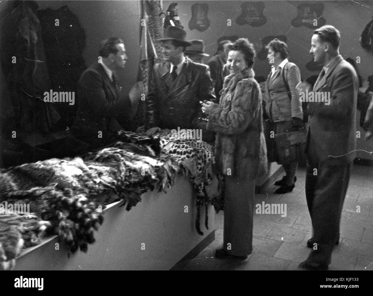 Une référence au Rauchwaren Messe (salon de la fourrure) de 1955, avec le stand de la société Ofra, mettant en lumière les expositions et les produits de l’industrie de la fourrure du milieu du XXe siècle. Banque D'Images