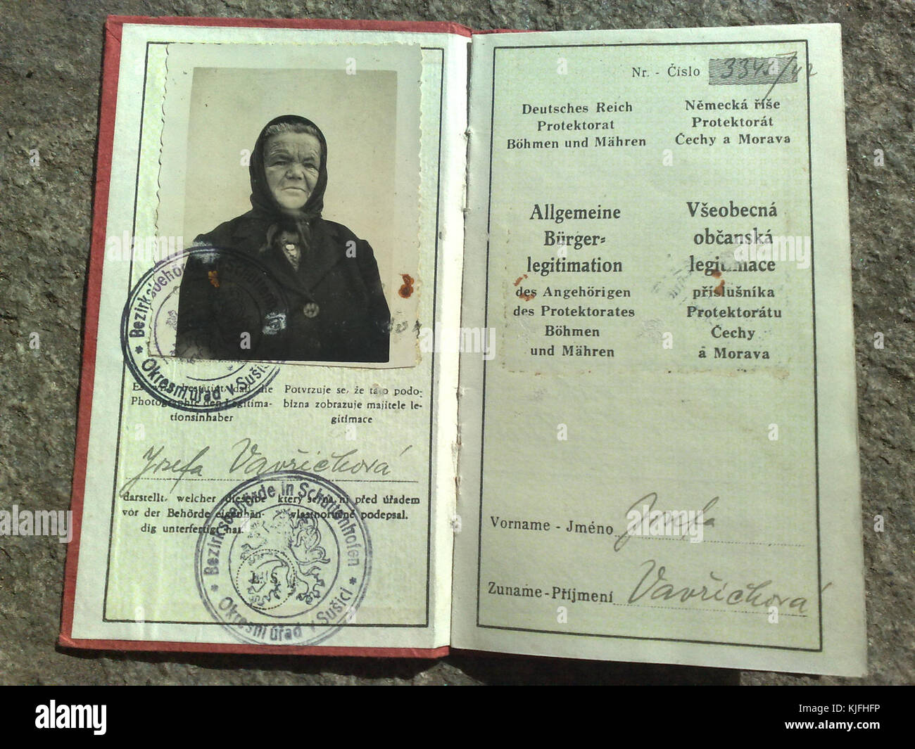 Le Protektoratní občanský průkaz était une carte d'identité délivrée dans le protectorat de Bohême et Moravie pendant la seconde Guerre mondiale, utilisée pour le contrôle interne et l'identification dans les territoires occupés par les nazis. Banque D'Images