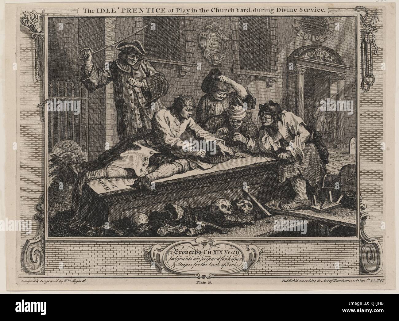 Gravure et gravure sur papier, intitulée "industrie et farniente, planche 3, The Idle "Prentice at Play in the Church Yard pendant le service Divin", représentant un groupe d'hommes jouant sur le dessus d'un cercueil, à l'extérieur d'une église, un homme avec une épée relevée derrière eux, par William Hogarth, 1747. De la Bibliothèque publique de New York. Banque D'Images