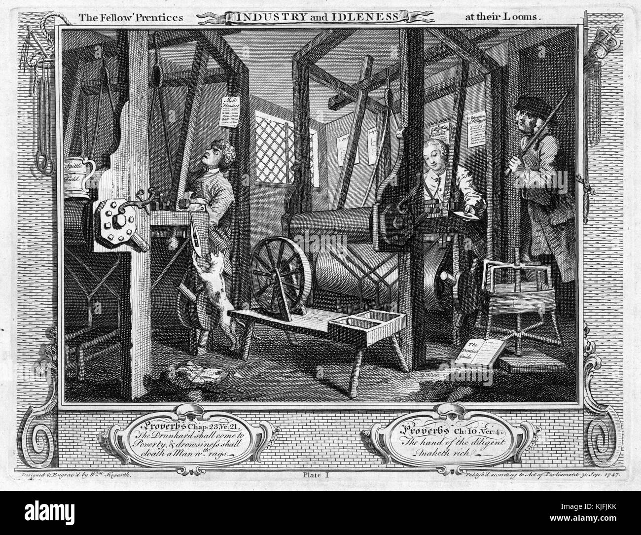 La gravure sur papier, intitulé "L'industrie et de l'oisiveté, plaque 1, l'autre 'prentices à tisser leur', montrant deux hommes travaillant à l'horizon, on les regarde depuis la porte, tenant un bâton, par William Hogarth, 1747. à partir de la bibliothèque publique de new york. Banque D'Images