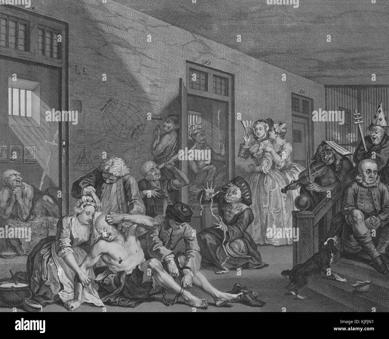 La gravure sur papier, intitulée 'un Rake's Progress, planche 8, tom rakewell se retrouve à l'hôpital de Bethléem de fous', représentant un groupe de personnes dans un établissement psychiatrique, certains offrant confort, deux femmes à l'arrière-plan, par William Hogarth, 1735. à partir de la bibliothèque publique de new york. Banque D'Images