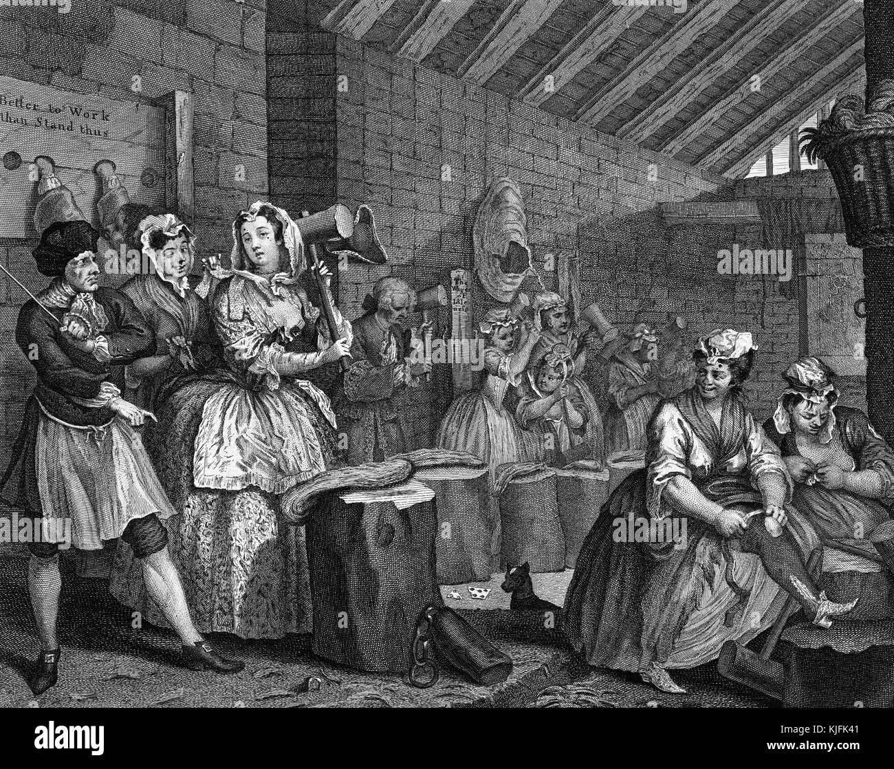 Gravure sur papier, intitulée 'Les progrès une prostituée, la plaque 4, Moll bat le chanvre dans Bridewell Prison', elle bat le chanvre pour hangman's nooses, tandis que le geôlier menace ses points et à la tâche, la femme du geôlier vole des vêtements d Moll, les prisonniers vont de gauche à droite dans l'ordre décroissant de la richesse, par William Hogarth, 1732. À partir de la Bibliothèque publique de New York. Banque D'Images