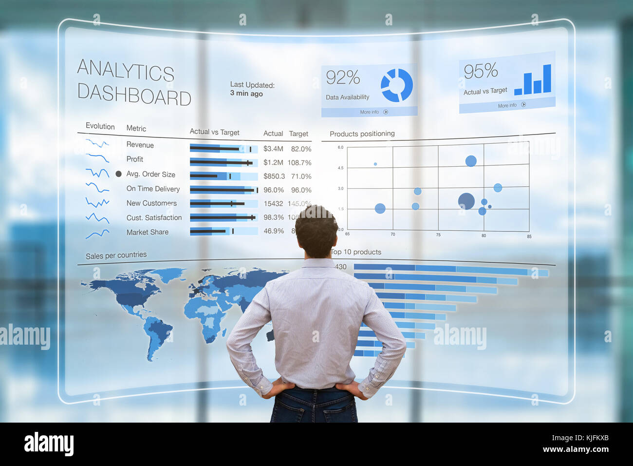 L'analyse d'un homme d'analytique des affaires (ba) ou intelligence (BI) planche de bord sur un écran virtuel montrant les ventes et les opérations statistiques sur les données graphiques a Banque D'Images
