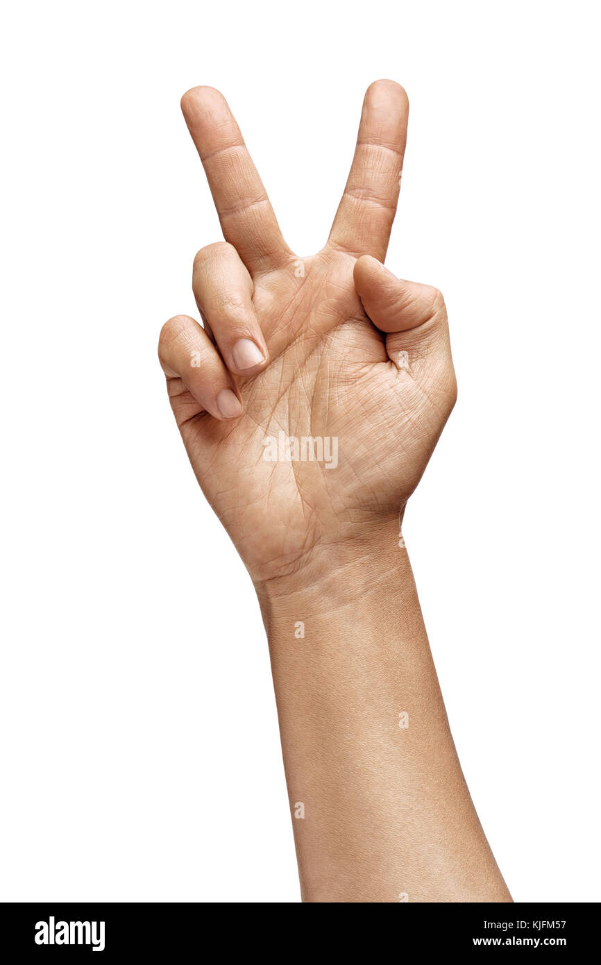 Signe de la paix. La main de l'homme montre les deux doigts. close up. haute résolution produit. Banque D'Images
