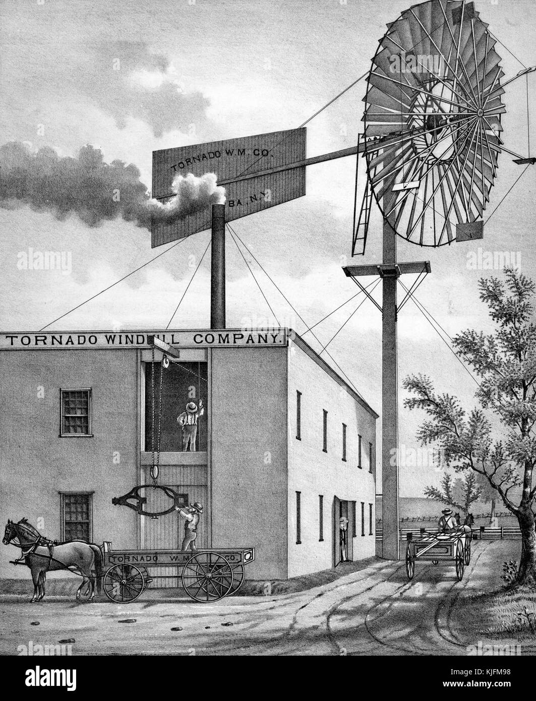 Usine pour la tornade, avec les travailleurs de l'entreprise moulin moulin chargement en pièces de chariot tiré par des chevaux, l'Elba, New York, 1876. à partir de la bibliothèque publique de new york. Banque D'Images