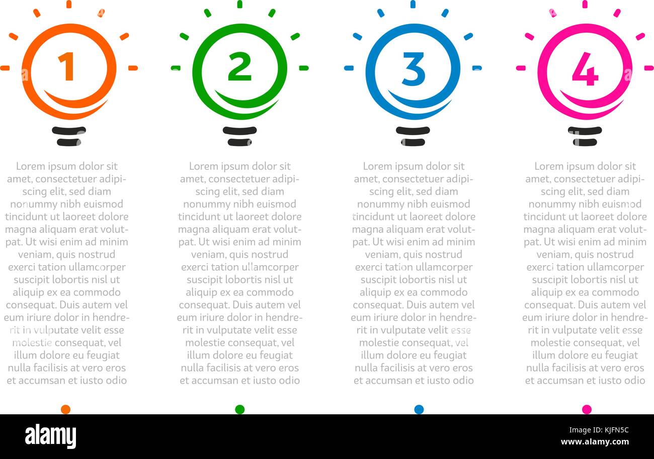 La présentation d'affaires, table avec 4 ampoules à timeline. options nombre d'idées, logo, icônes étapes. vecteur élément infographique. Illustration de Vecteur