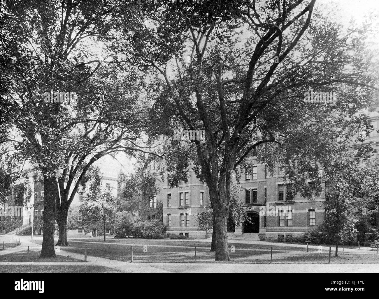 Une photographie de Harvard Yard à l'Université Harvard, la grande zone herbeuse est la partie la plus ancienne du campus, la cour contient des salles de classe et des bâtiments administratifs, des bibliothèques et des dortoirs entre autres bâtiments, des rangées d'arbres, de l'herbe, des trottoirs et plusieurs bâtiments peuvent être vus sur la photo, Cambridge, Massachusetts, Boston, Massachusetts, 1913. Banque D'Images