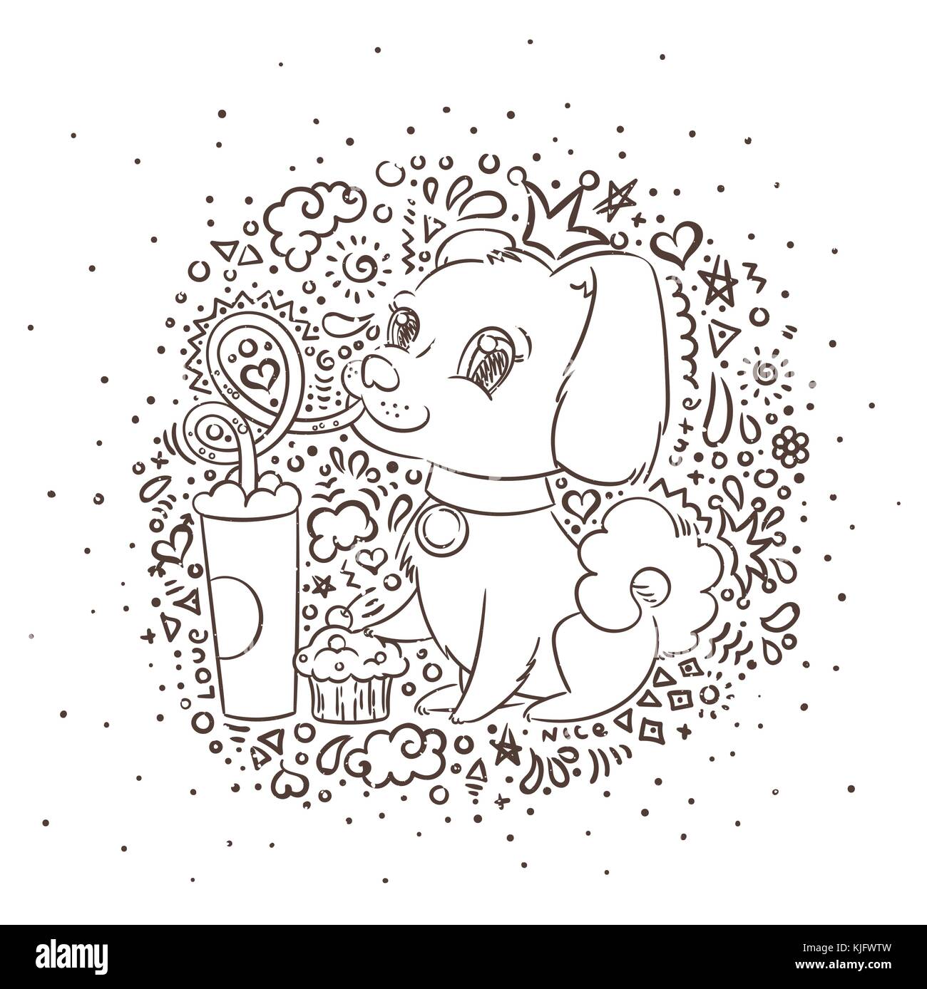Golden Dog boit du café ou du lait secouer. hand drawn vector illustration pour la nouvelle année, T-shirt, poster, carte postale gradient background Illustration de Vecteur