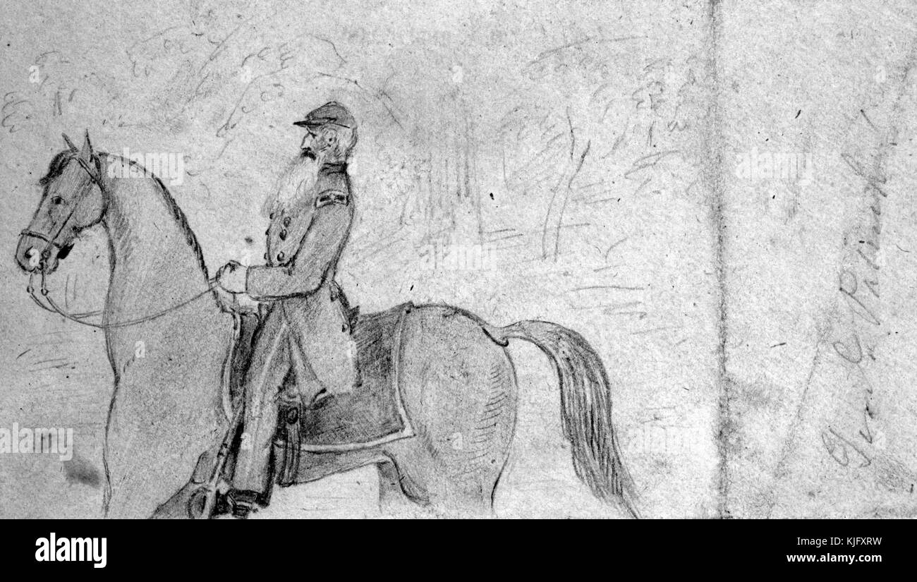 Croquis illustrant le général Patrick cleburne, un soldat américain d'origine irlandaise, mieux connu pour son service dans l'armée des états confédérés durant la guerre civile américaine, à cheval sur un cheval, intitulée 'général Patrick équitation autour de richmond', par l'artiste grand caskie, 1862. à partir de la bibliothèque publique de new york. Banque D'Images