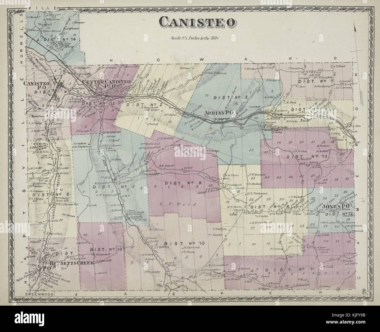 Image cartographique gravée d'un atlas, avec légende originale indiquant 'Canisteo Township', 1873. De la Bibliothèque publique de New York. Banque D'Images