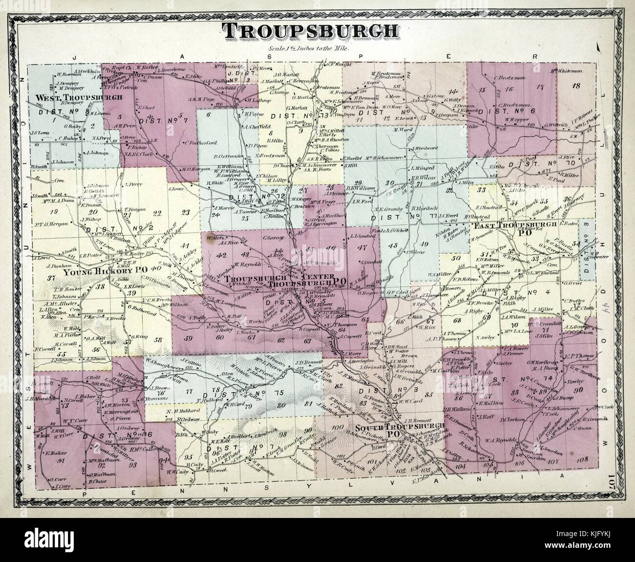 Image cartographique gravée d'un atlas, avec légende originale indiquant 'Troupsburgh Township', 1873. De la Bibliothèque publique de New York. Banque D'Images
