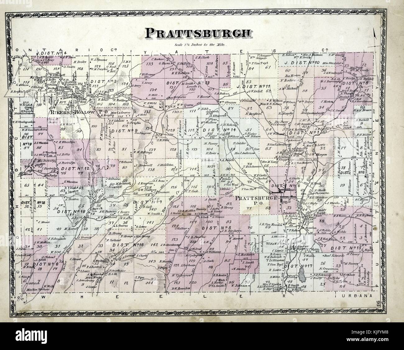 Image cartographique gravée d'un atlas, avec légende originale indiquant 'Prattsburgh Township', 1873. De la Bibliothèque publique de New York. Banque D'Images