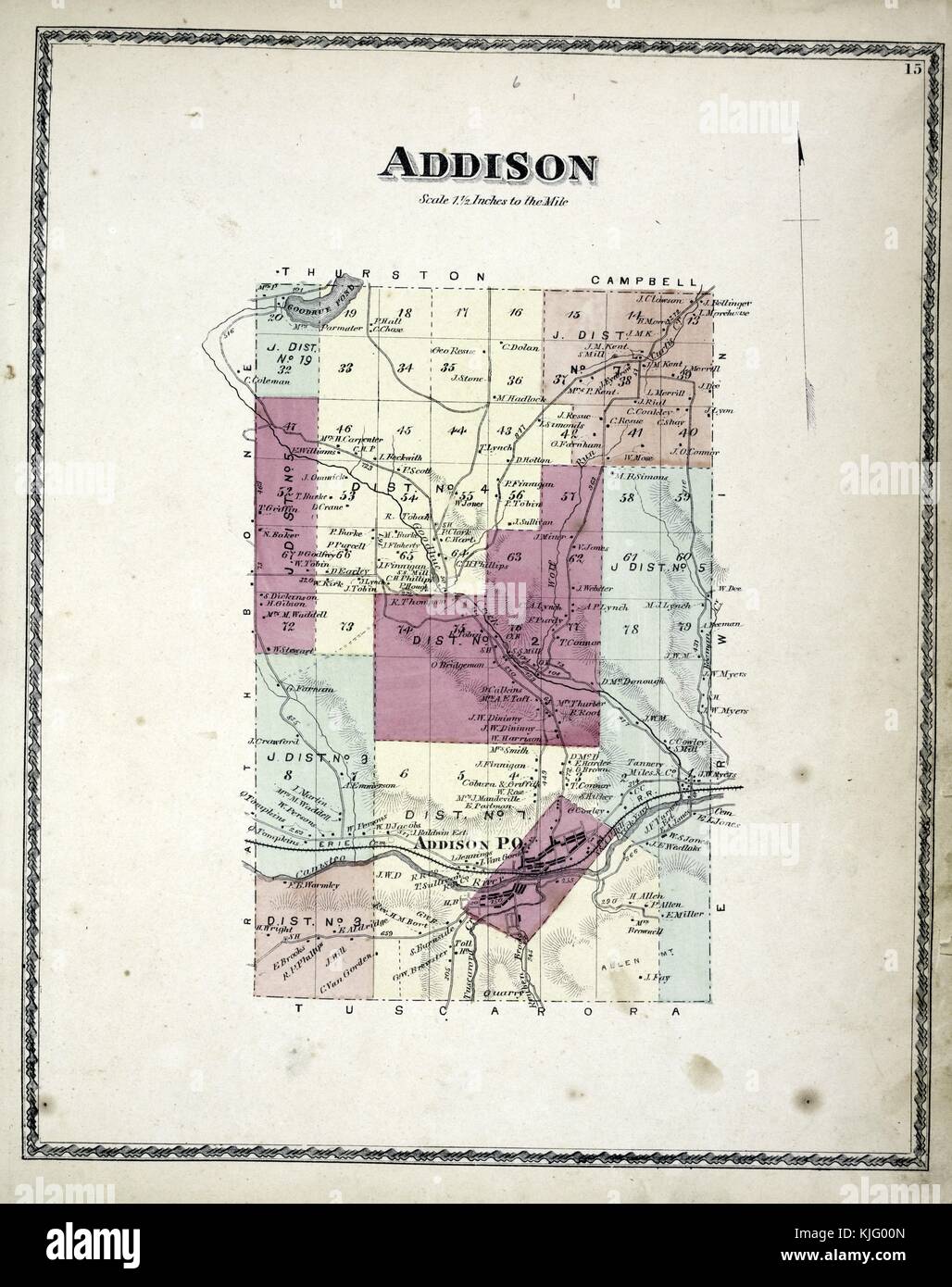 Image cartographique gravée d'un atlas, avec légende originale indiquant 'Addison Township', 1873. De la Bibliothèque publique de New York. Banque D'Images