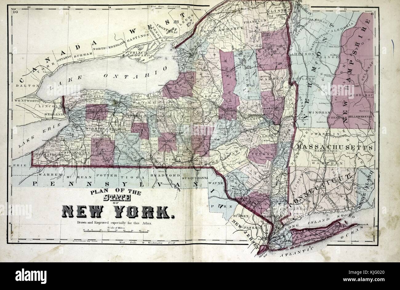 Image cartographique gravée d'un atlas, avec légende originale indiquant « Plan of the State of New York », New York, 1873. De la Bibliothèque publique de New York. Banque D'Images