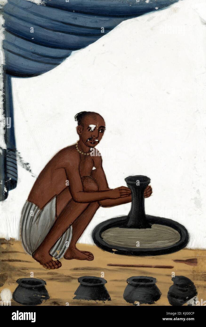 Potier masculin assis avec roue de poterie, Inde, 1819. De la Bibliothèque publique de New York. Banque D'Images