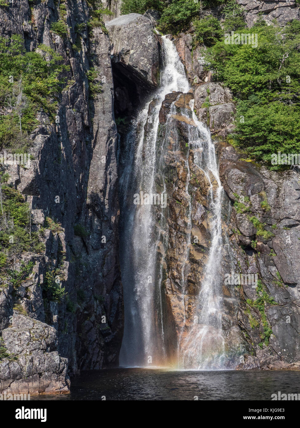 Cascade de denim bleu, l'étang Western Brook, le parc national du Gros-Morne, à Terre-Neuve, Canada. Banque D'Images