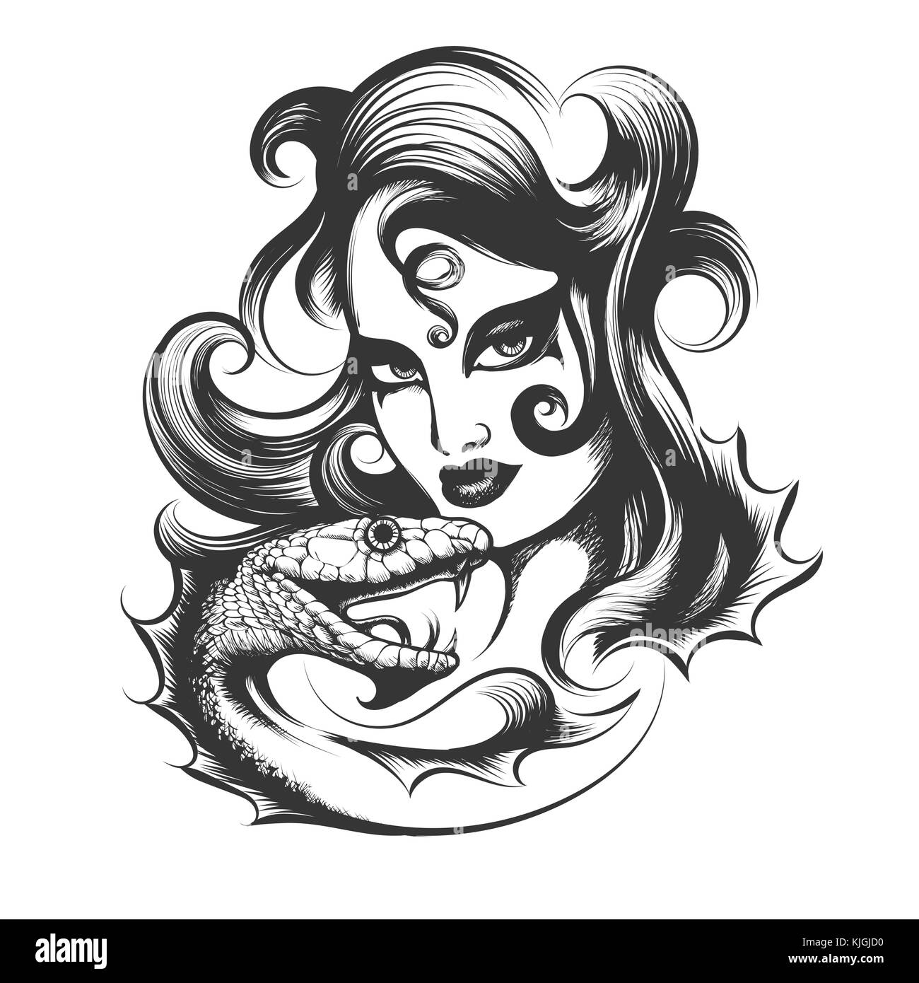 Tête de femme à la main avec serpent isolé sur fond blanc.L'art du tatouage vector illustration. Illustration de Vecteur