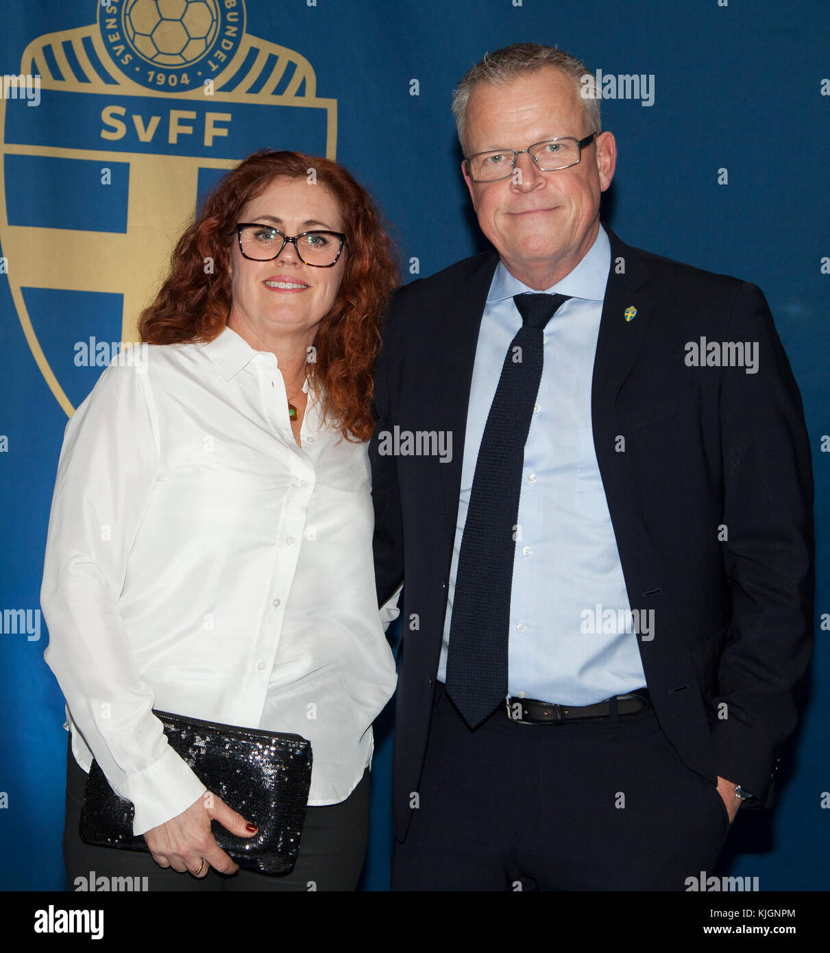 Janne andersson entraîneur pour l'équipe nationale suédoise de football en 2018 avec femme ulrika au gala de football annuel à Stockholm Banque D'Images
