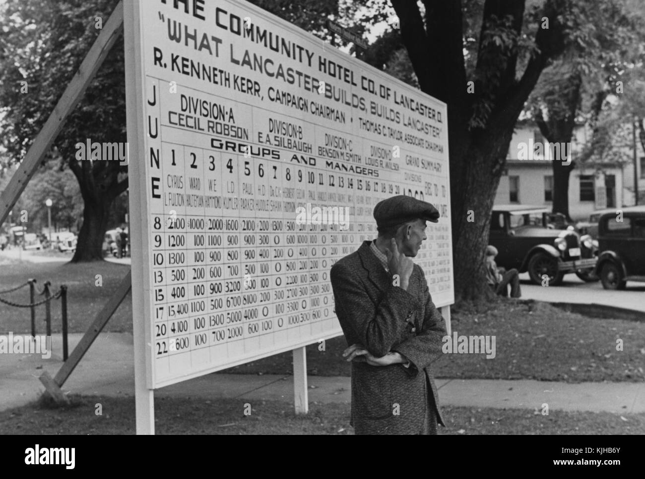 Une photographie d'un homme debout devant une pancarte de collecte de fonds, la pancarte suit les contributions amassées par des individus pour le développement d'un hôtel par la Community Hotel Company de Lancaster, on peut voir des voitures garées le long de la rue bordée d'arbres au bord du parc en arrière-plan, Lancaster, Ohio, 1938. De la Bibliothèque publique de New York. Banque D'Images