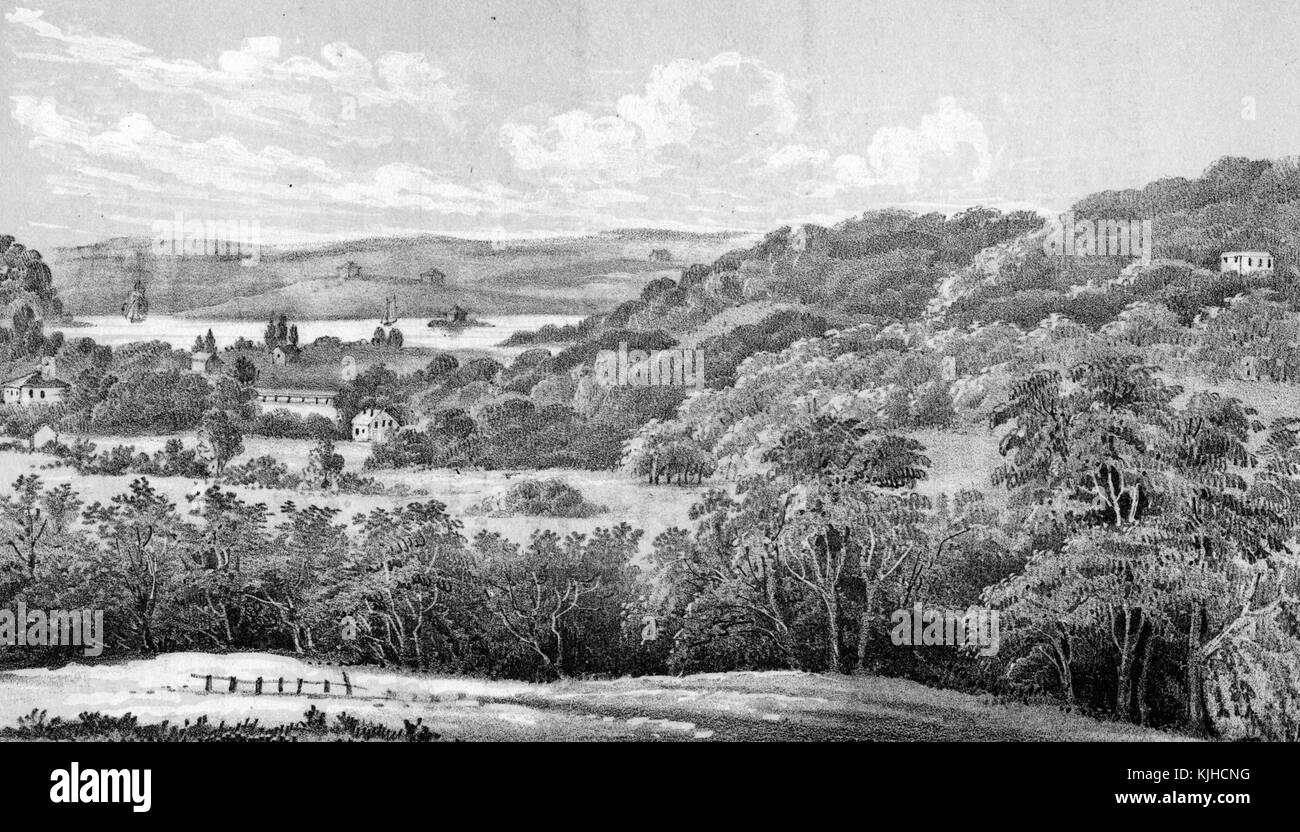 Une gravure d'une peinture de paysage de l'harlem des plaines, la zone est couverte de collines, de champs ouverts et les arbres, les maisons peuvent être vus éparpillés dans le paysage, 1830. à partir de la bibliothèque publique de new york. Banque D'Images