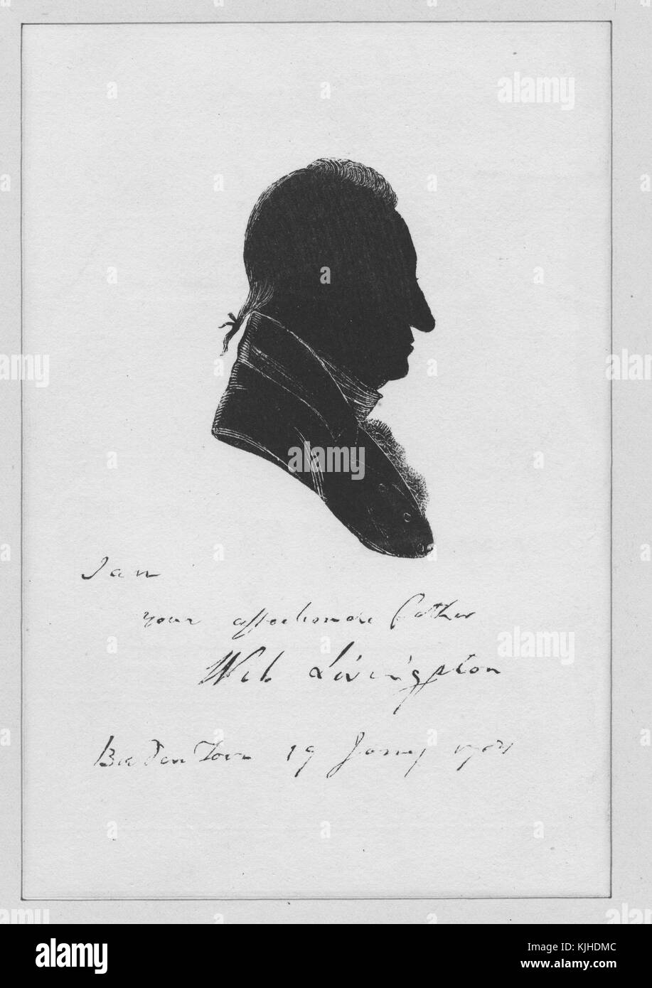 Portrait de profil en silhouette de William Livingston, il a servi comme 1er gouverneur du New Jersey et a occupé ce poste pendant 14 ans, il a été délégué du New Jersey au Congrès continental et a été l'un des signataires de la Constitution des États-Unis, New Jersey, 1830. De la bibliothèque publique de New York. Banque D'Images
