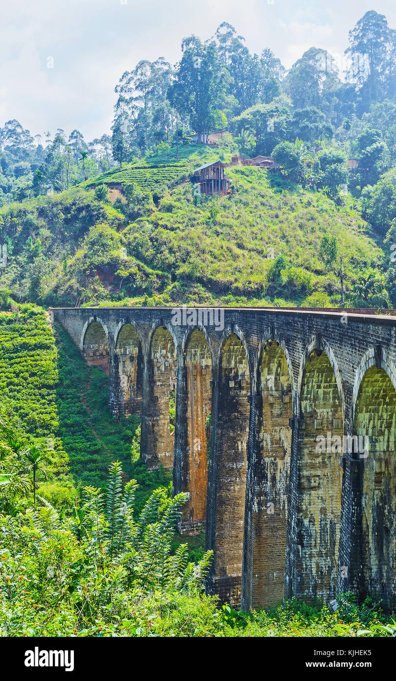 Le pont neuf est situé entre les pentes de montagne dans un écrin de verdure des jardins locaux et les forêts, damodara, ella, Sri Lanka. Banque D'Images