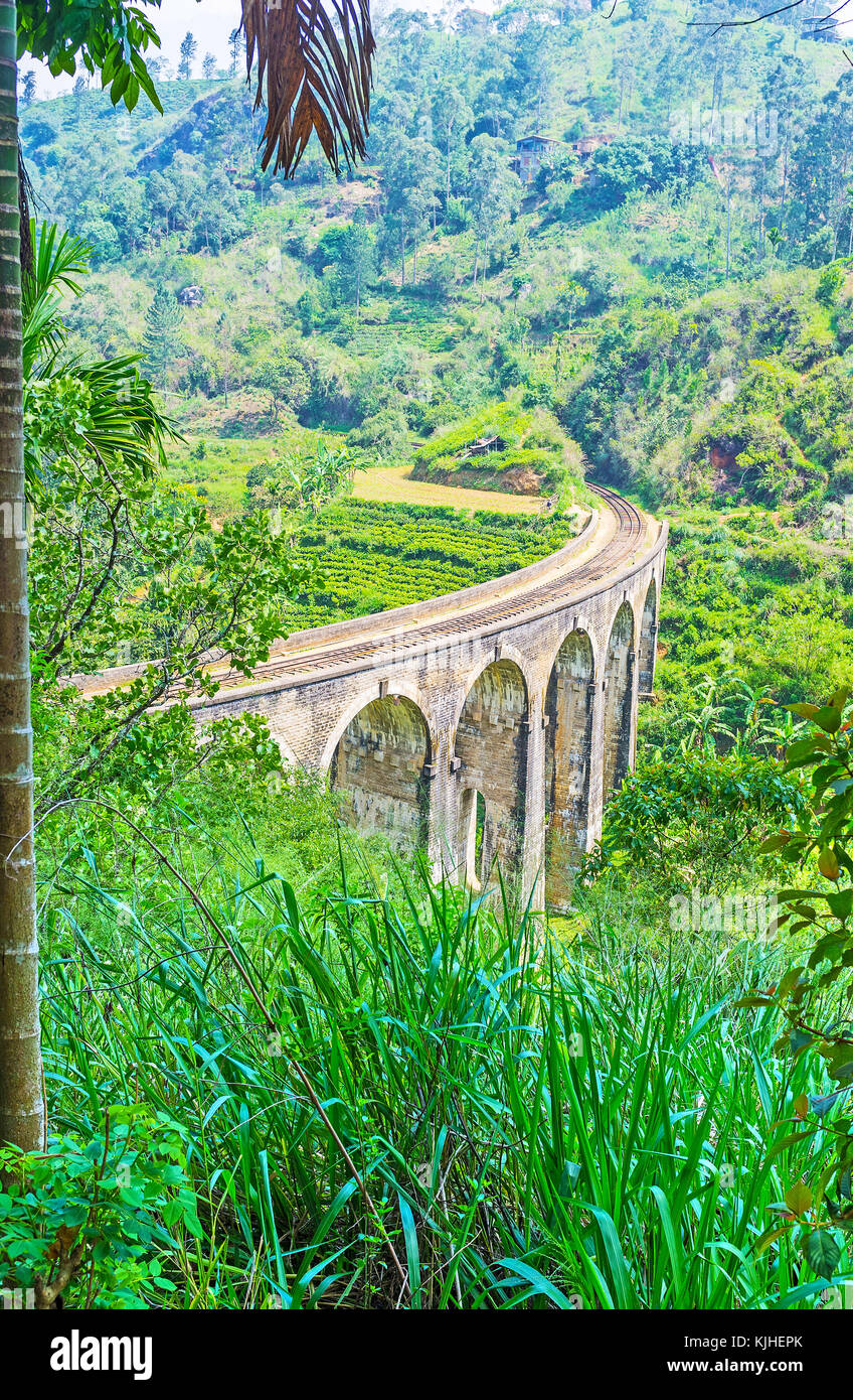 Le pont neuf dans paysage de montagnes de damodara, entouré par une végétation luxuriante, ella, Sri Lanka. Banque D'Images