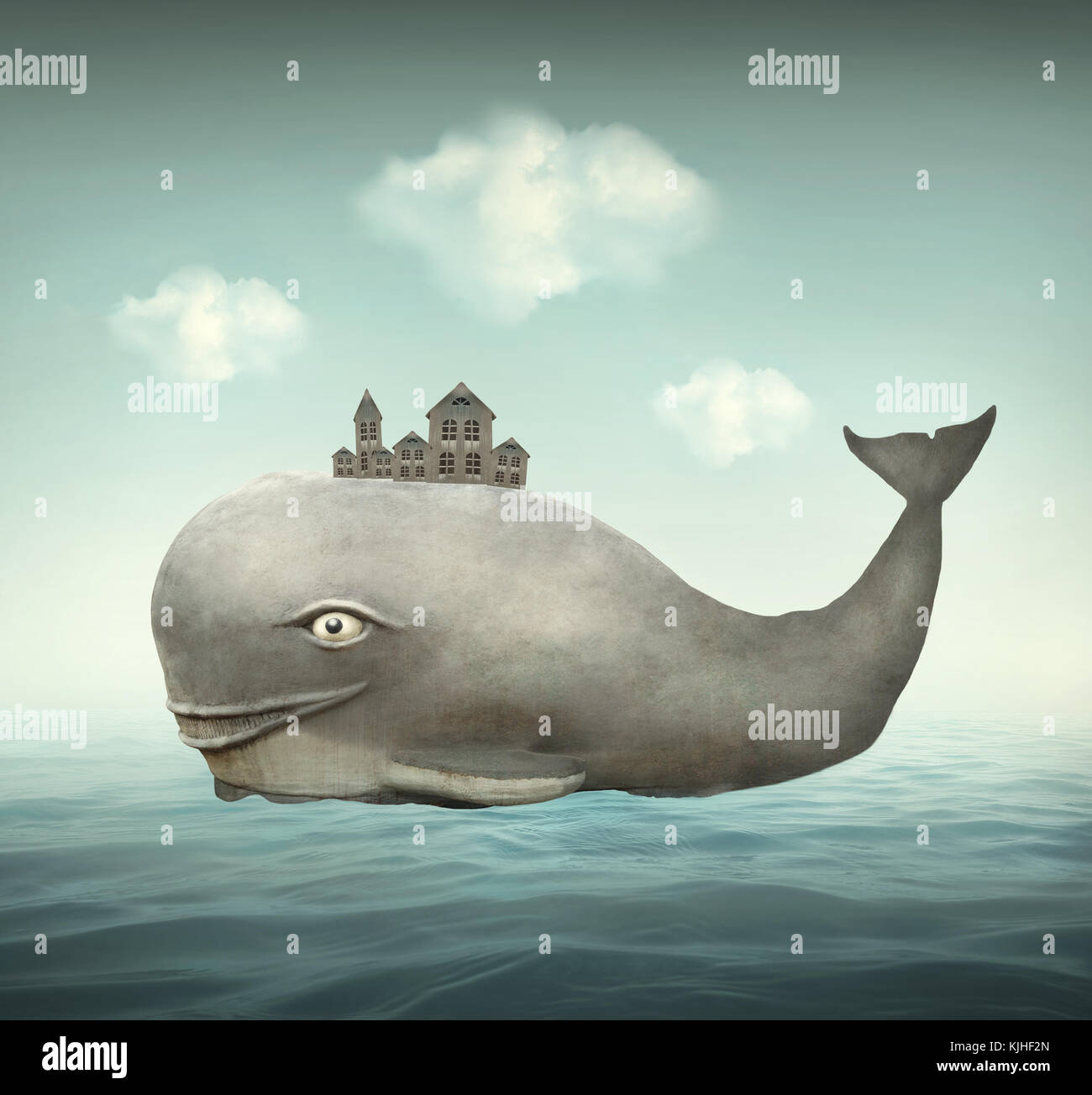 Illustration surréaliste d'une baleine dans l'océan avec quelques maisons dans le dos Banque D'Images