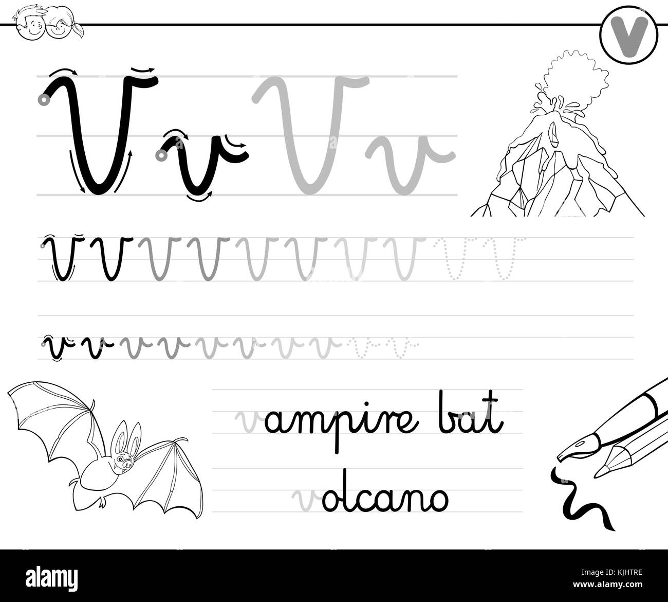 Cartoon noir et blanc illustration de l'écriture pratique avec lettre v Feuille de calcul pour les enfants d'âge préscolaire et enseignement primaire Coloring Book Illustration de Vecteur