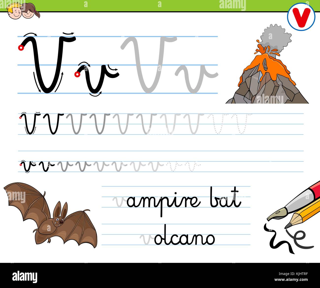 Cartoon illustration de l'écriture pratique avec lettre v Feuille de calcul pour les enfants d'âge préscolaire et enseignement primaire Illustration de Vecteur