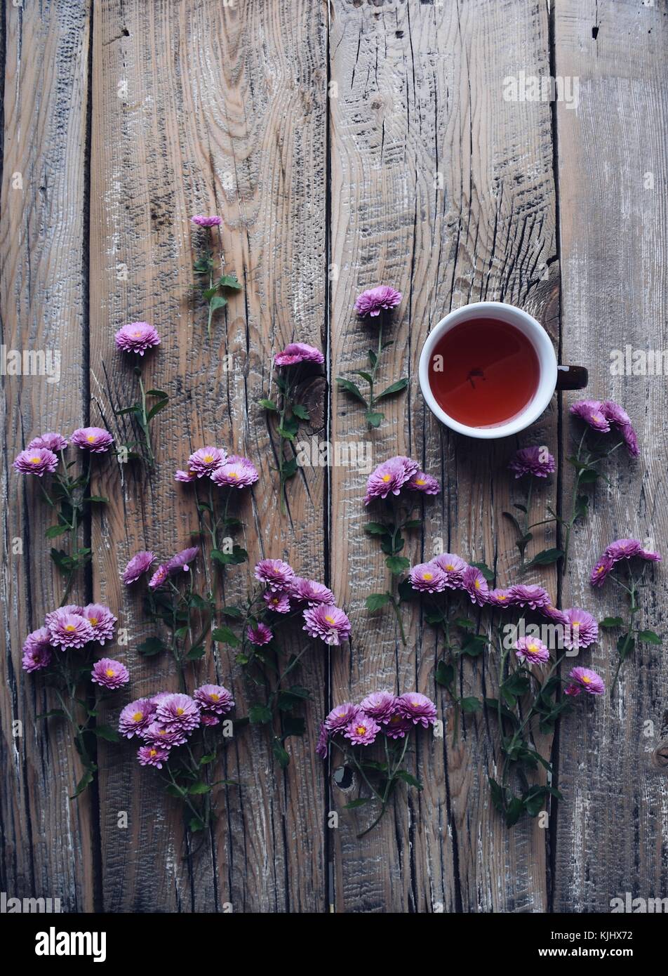 Fleurs mauve et rose thé sur un fond de bois Banque D'Images
