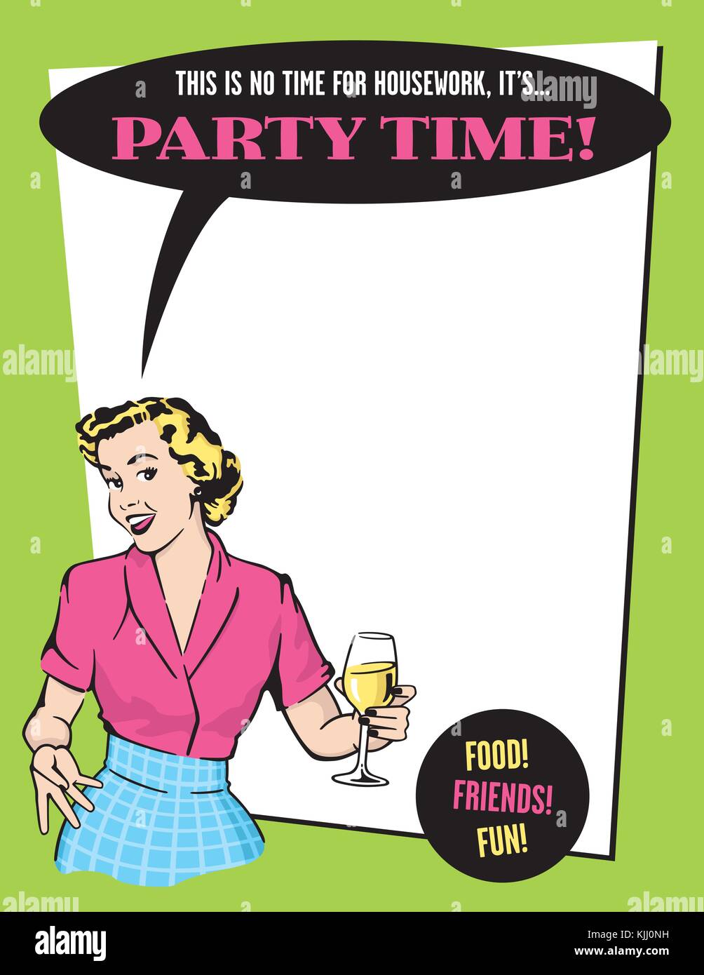 Party Time retro housewife party invitation modèle de conception de scénario avec style vintage retro woman graphiques et boire du vin. Il suffit d'ajouter vos coordonnées. Illustration de Vecteur