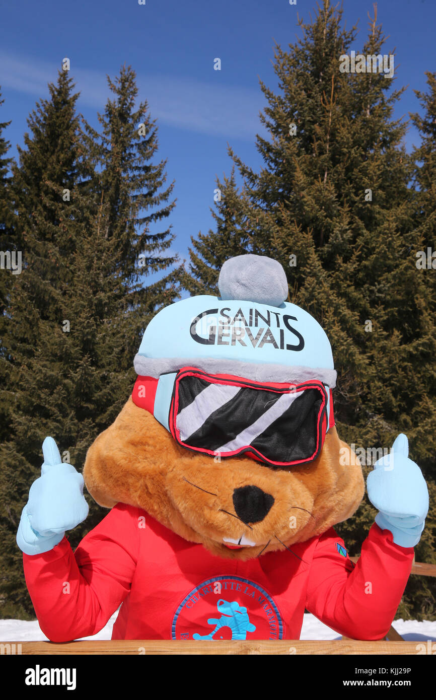 Alpes françaises. Charlotte la marmotte : mascot de Saint-Gervais Mont-Blanc. La France. Banque D'Images